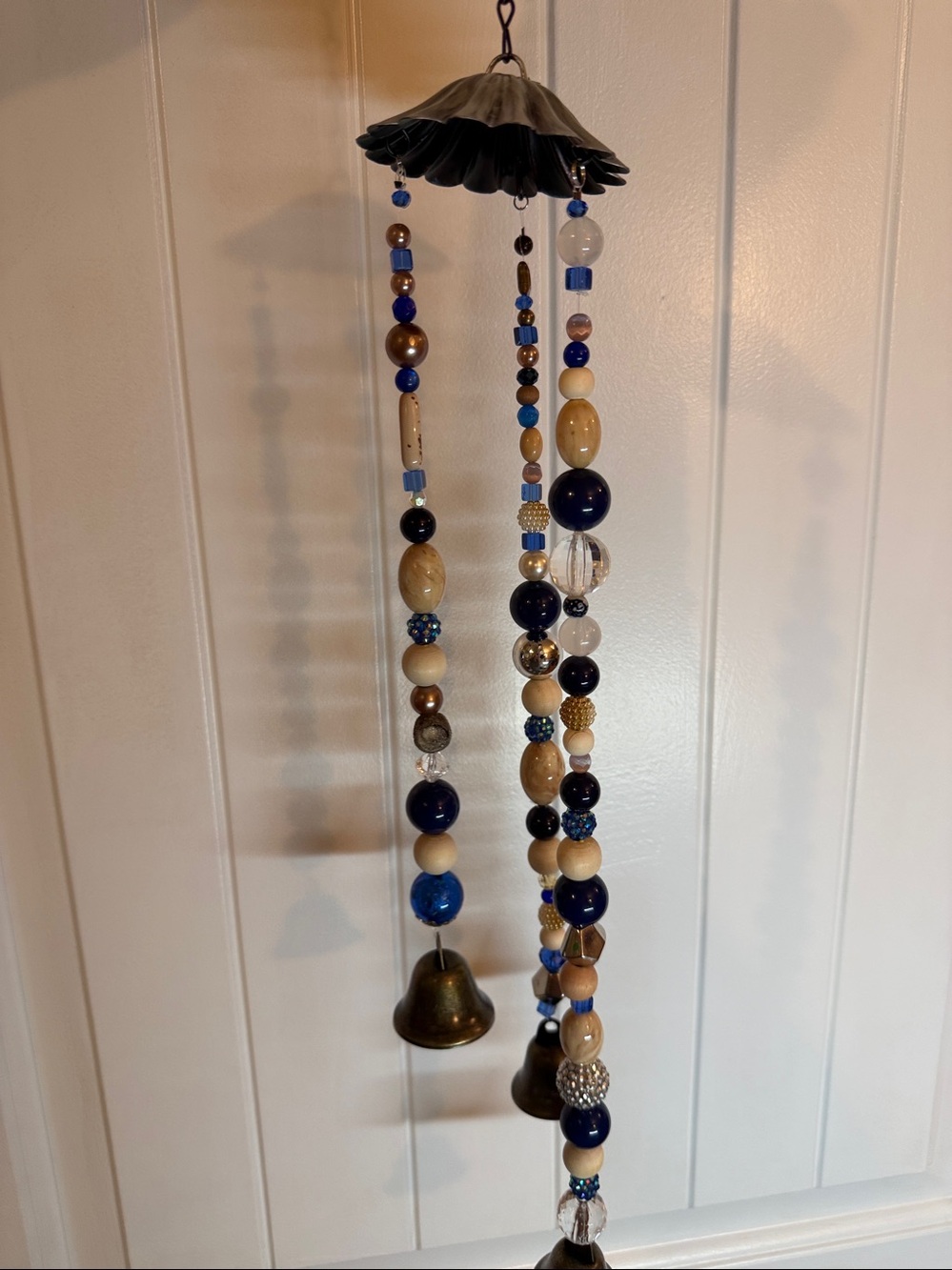 Blue and tan Beaded Boho wind chimes with Bell Charms